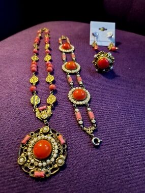 Vintage-1930's - 1940's Inspired Cora Cabochon  Necklace Ring Earrings Bracelet